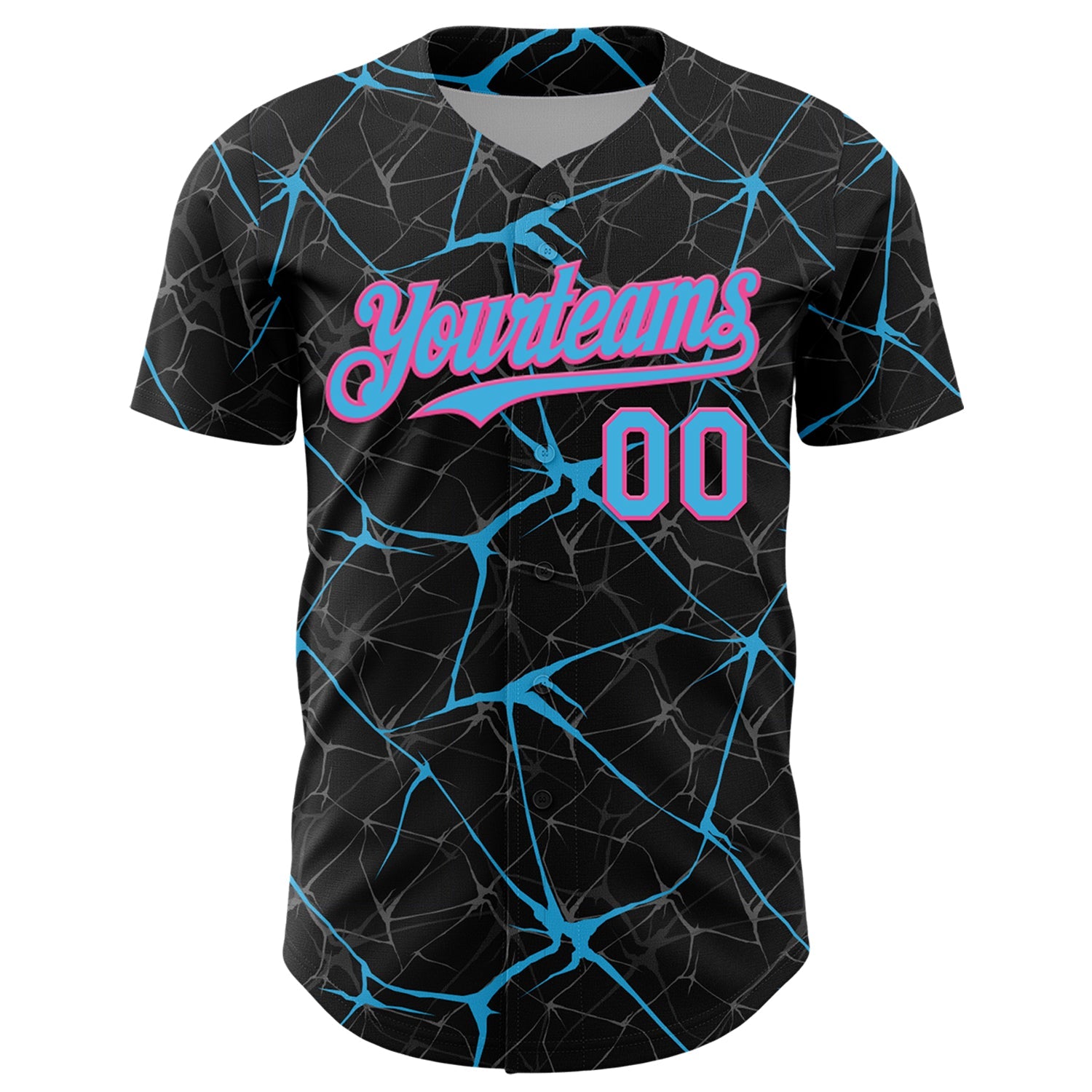 Custom Black Sky Blue-Pink 3D Pattern Design Abstract Network Authentic Baseball Jersey view 2