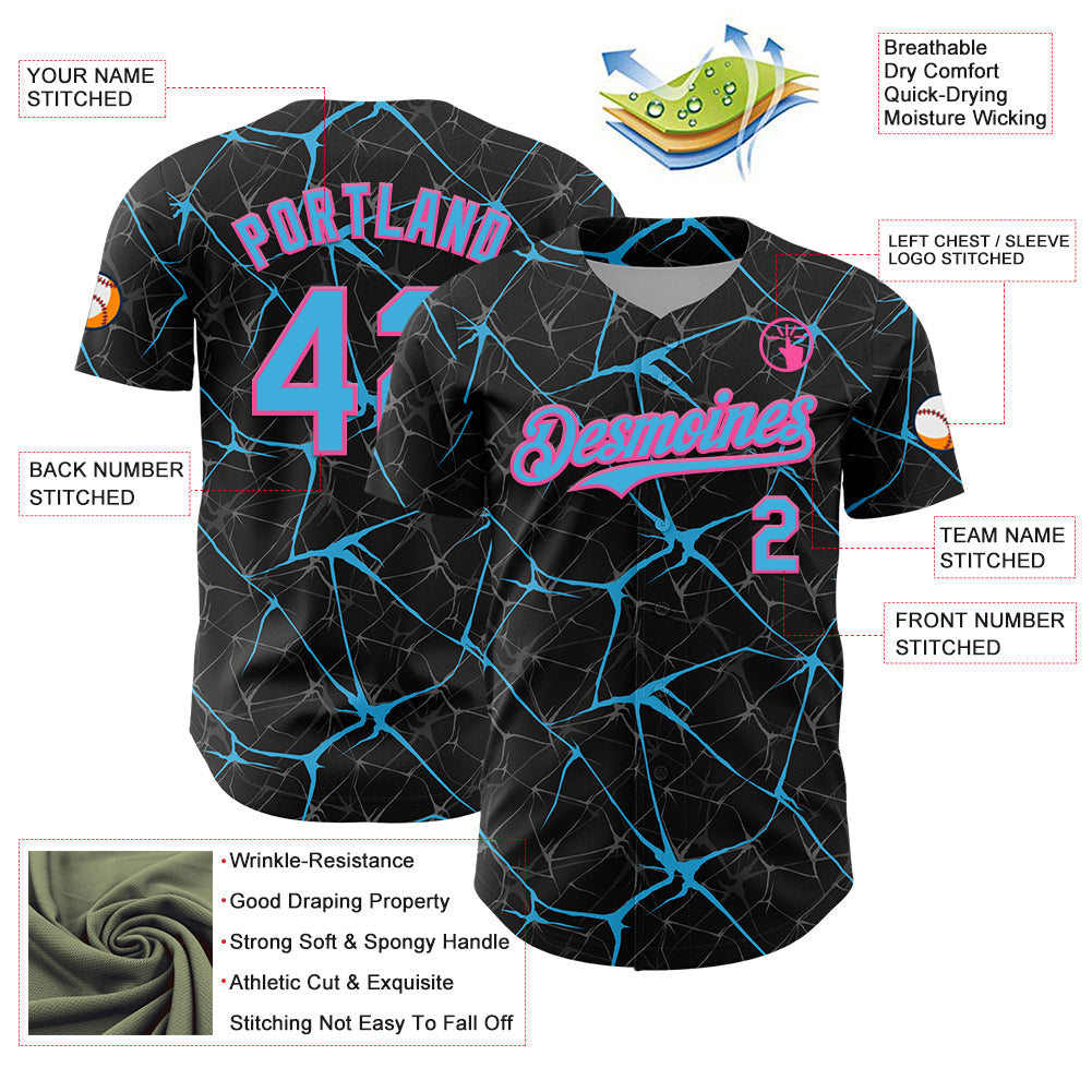 Custom Black Sky Blue-Pink 3D Pattern Design Abstract Network Authentic Baseball Jersey view 3