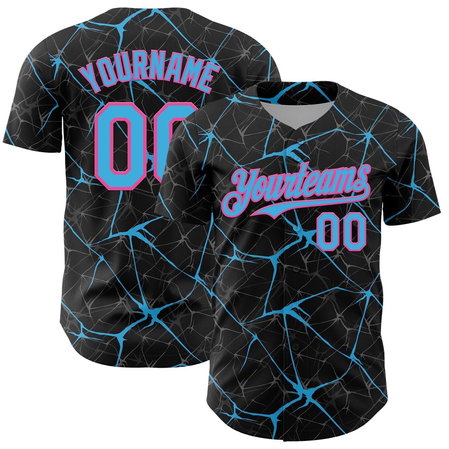 Custom Black Sky Blue-Pink 3D Pattern Design Abstract Network Authentic Baseball Jersey - Main View
