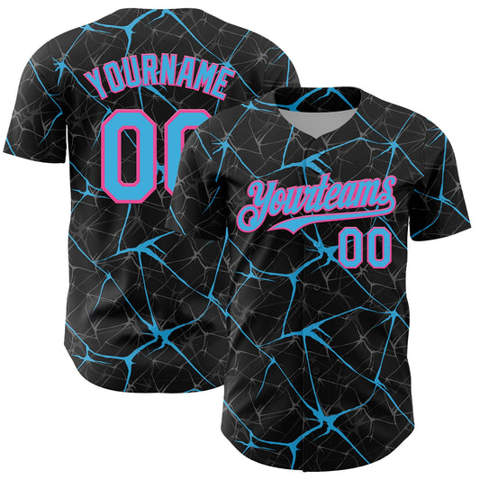 Custom Black Sky Blue-Pink 3D Pattern Design Abstract Network Authentic Baseball Jersey - Main View