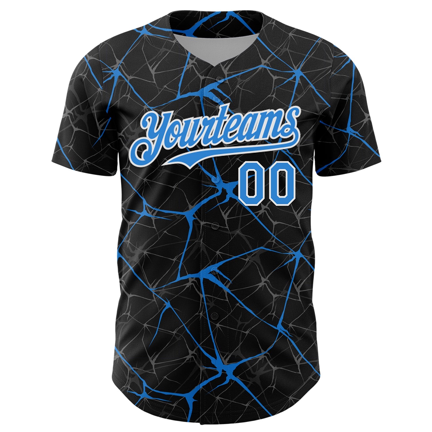 Custom Black Electric Blue-White 3D Pattern Design Abstract Network Authentic Baseball Jersey view 2