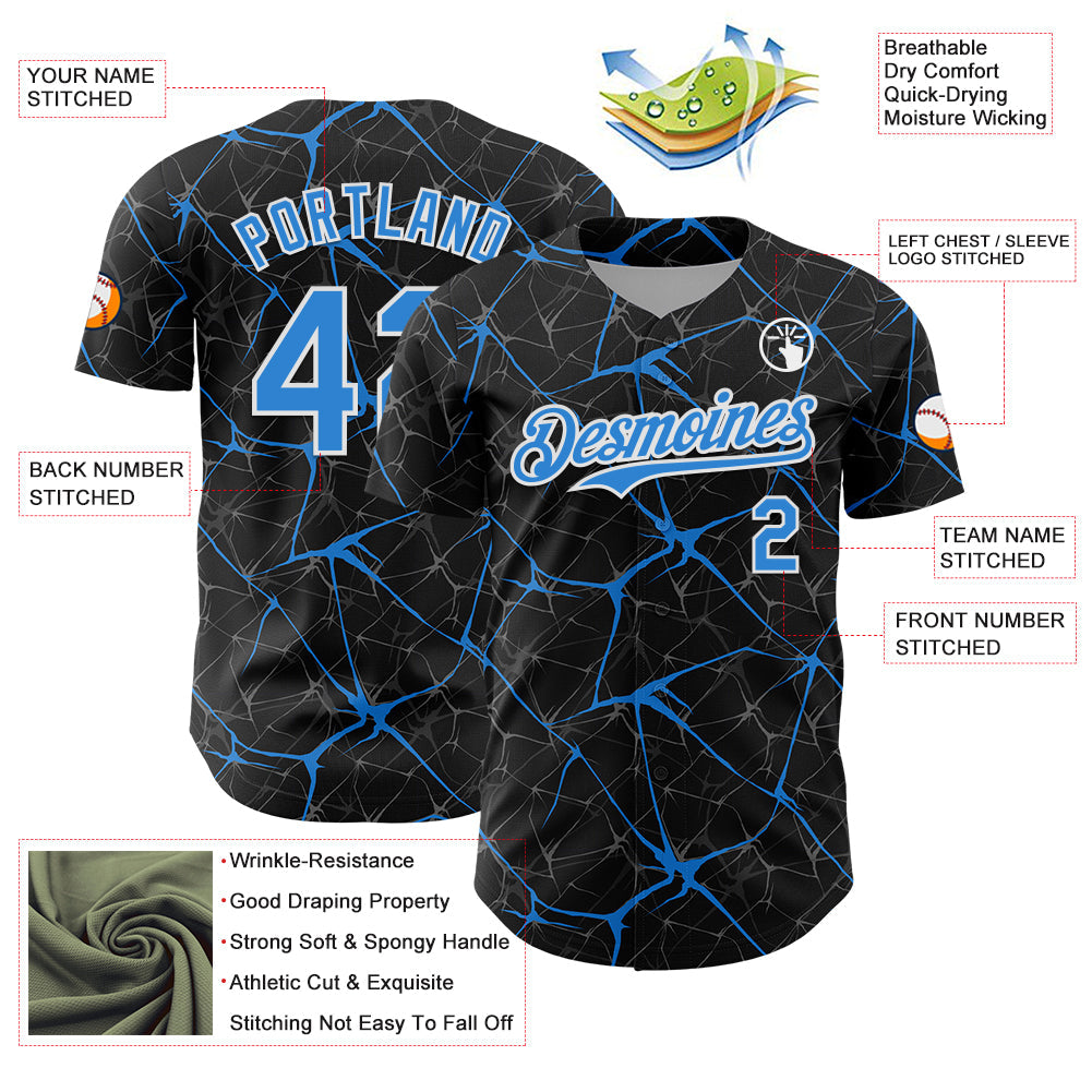 Custom Black Electric Blue-White 3D Pattern Design Abstract Network Authentic Baseball Jersey view 3