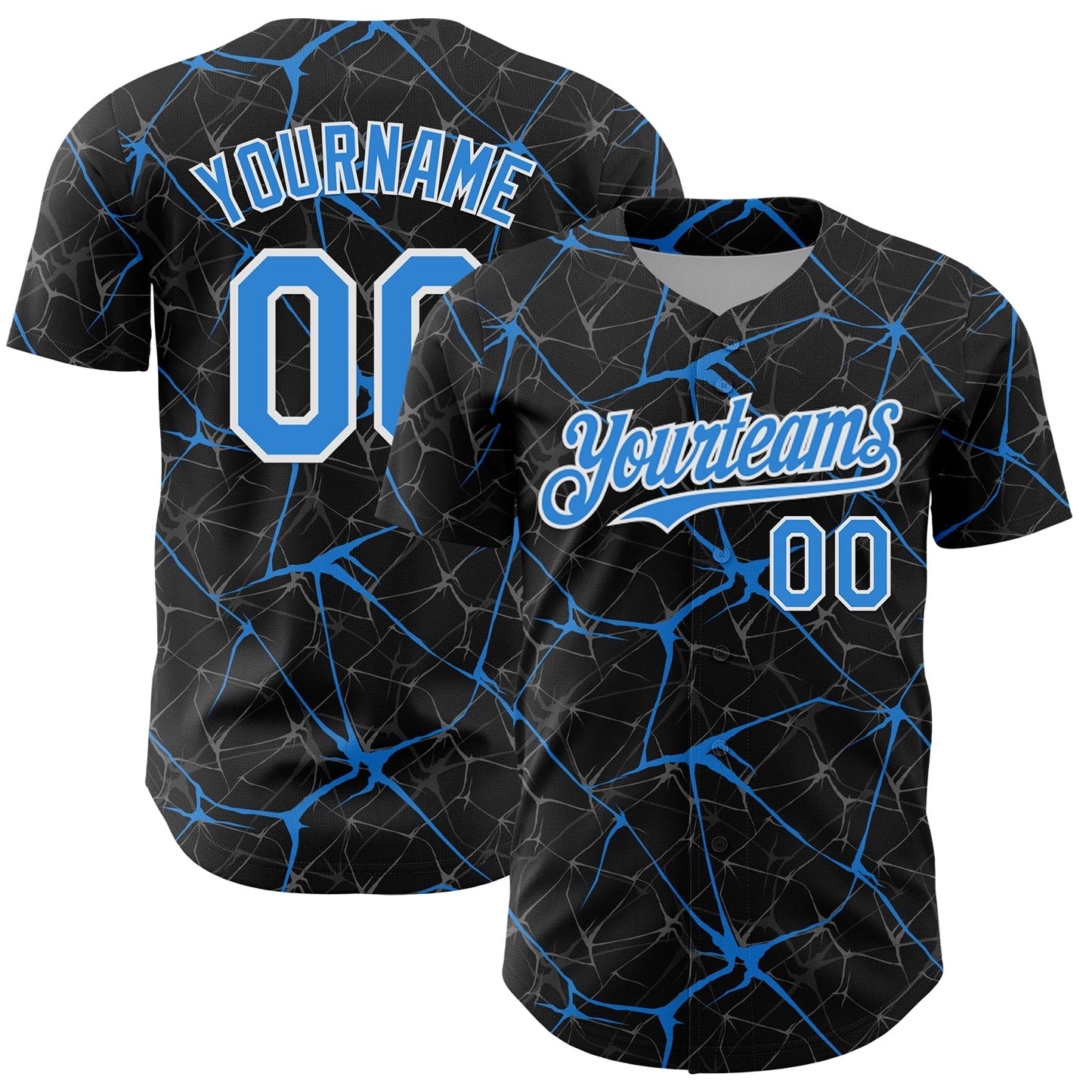 Custom Black Electric Blue-White 3D Pattern Design Abstract Network Authentic Baseball Jersey - Main View