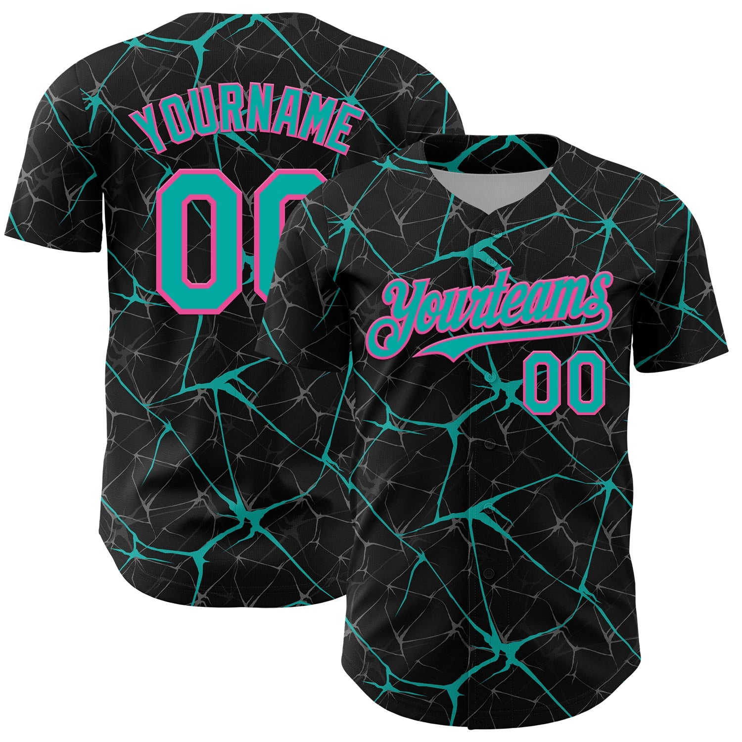 Custom Black Aqua-Pink 3D Pattern Design Abstract Network Authentic Baseball Jersey - Main View