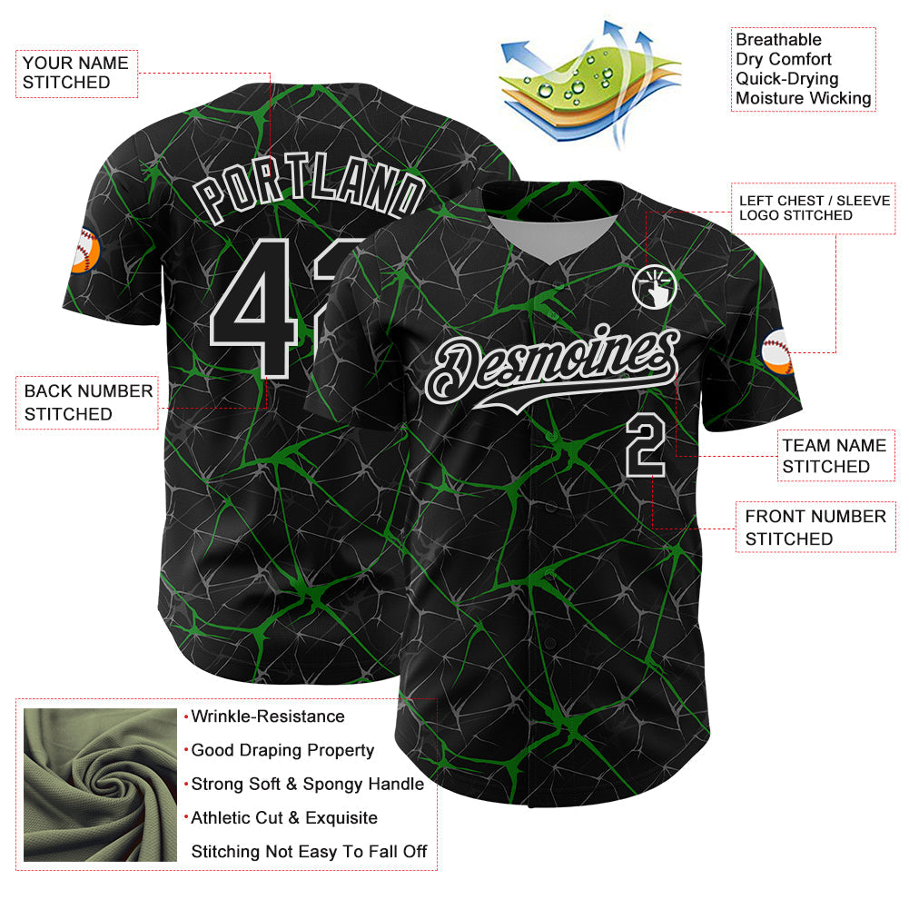 Custom Black Grass Green-White 3D Pattern Design Abstract Network Authentic Baseball Jersey view 3