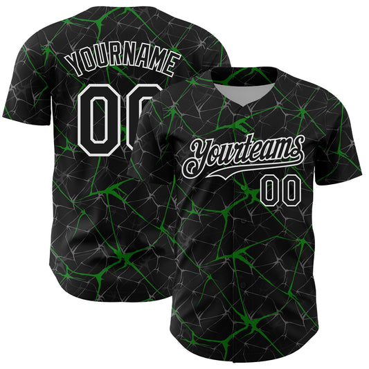 Custom Black Grass Green-White 3D Pattern Design Abstract Network Authentic Baseball Jersey - Main View