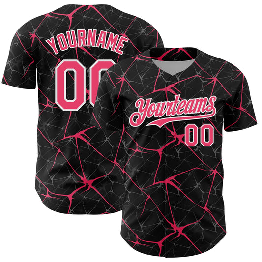 Custom Black Neon Pink-White 3D Pattern Design Abstract Network Authentic Baseball Jersey - Main View
