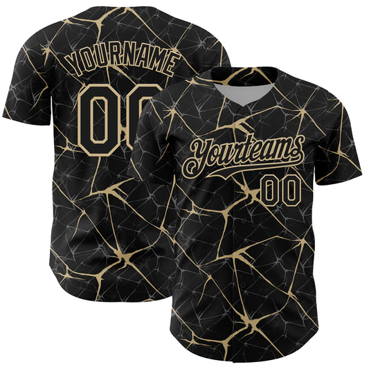 Custom Black Vegas Gold 3D Pattern Design Abstract Network Authentic Baseball Jersey - Main View