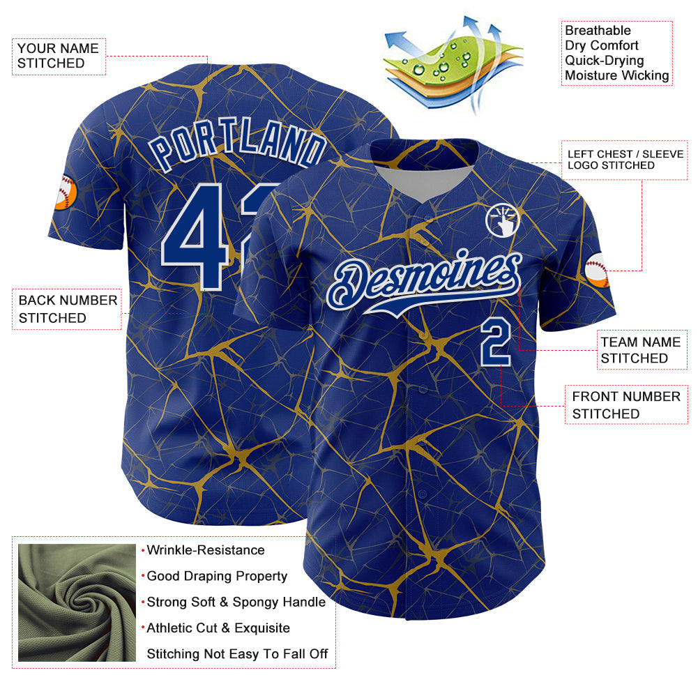 Custom Royal Old Gold-White 3D Pattern Design Abstract Network Authentic Baseball Jersey view 3