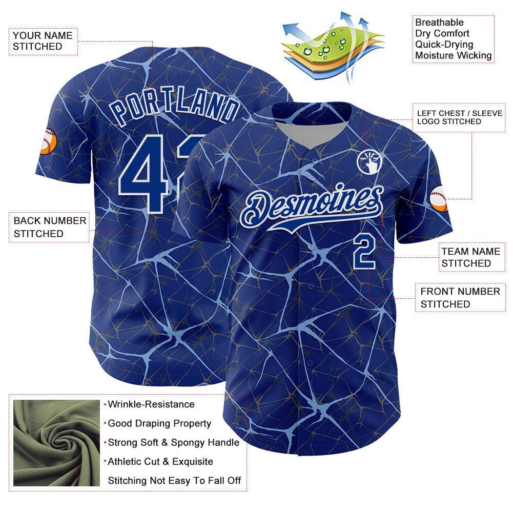 Custom Royal Light Blue-White 3D Pattern Design Abstract Network Authentic Baseball Jersey view 3
