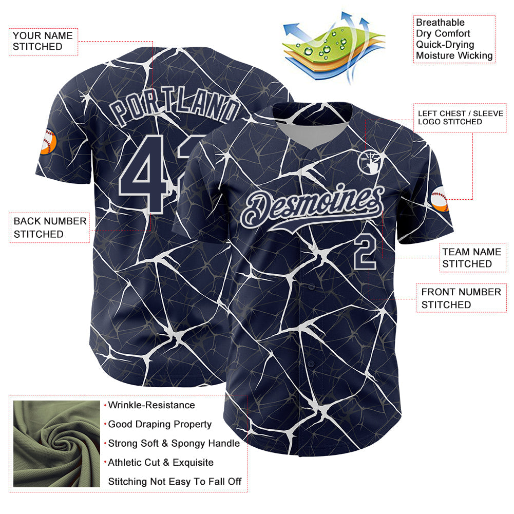 Custom Navy White 3D Pattern Design Abstract Network Authentic Baseball Jersey view 3