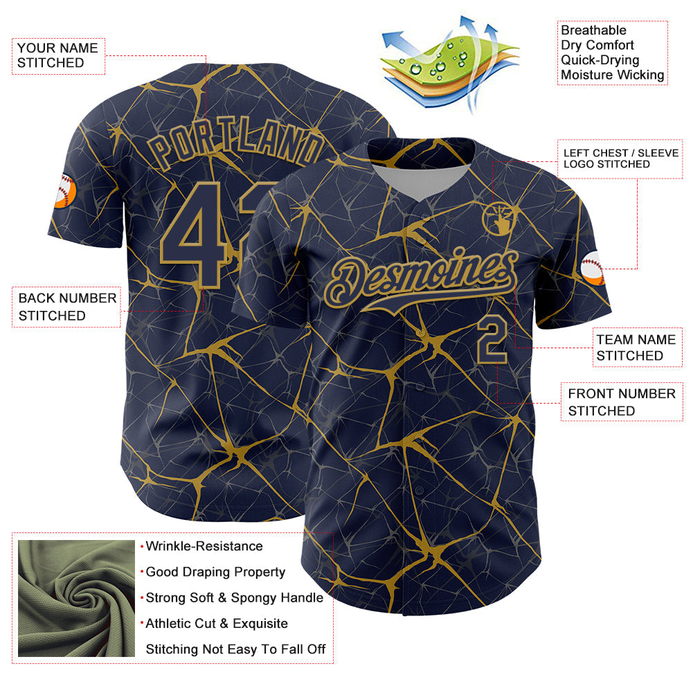 Custom Navy Old Gold 3D Pattern Design Abstract Network Authentic Baseball Jersey view 3