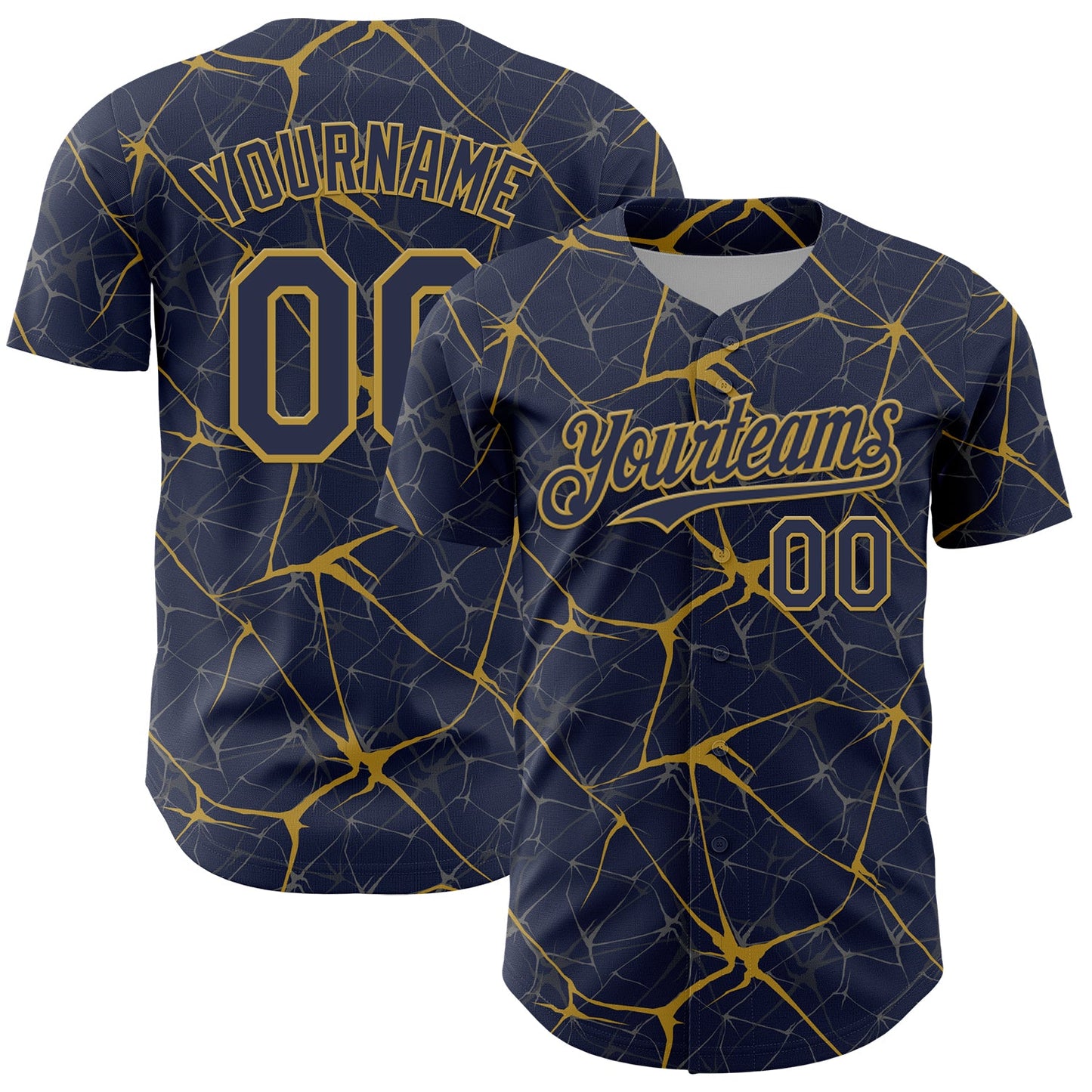Custom Navy Old Gold 3D Pattern Design Abstract Network Authentic Baseball Jersey - Main View