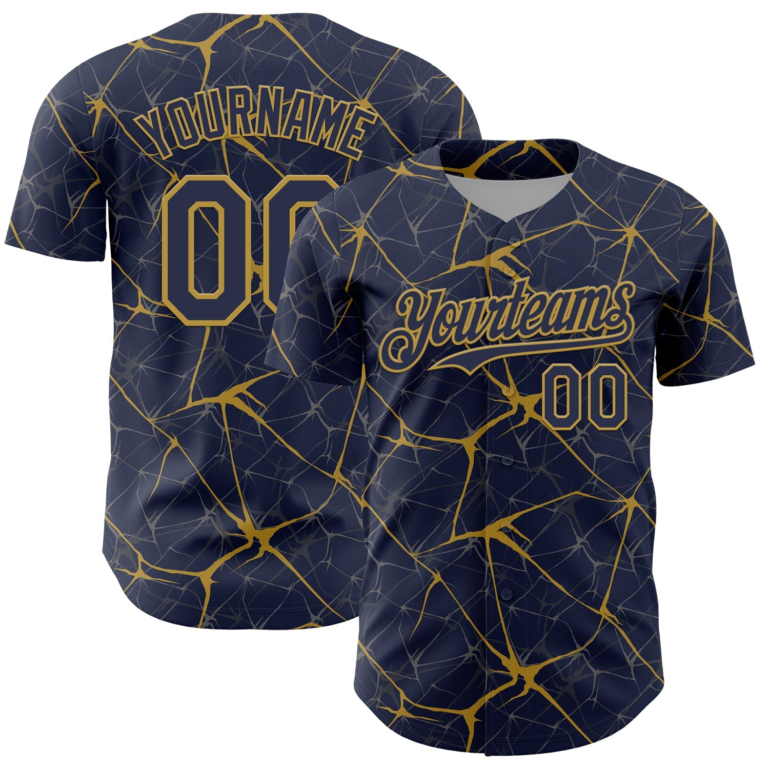 Custom Navy Old Gold 3D Pattern Design Abstract Network Authentic Baseball Jersey - Main View
