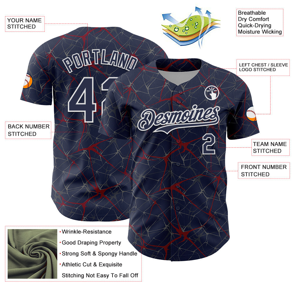 Custom Navy Crimson-White 3D Pattern Design Abstract Network Authentic Baseball Jersey view 3