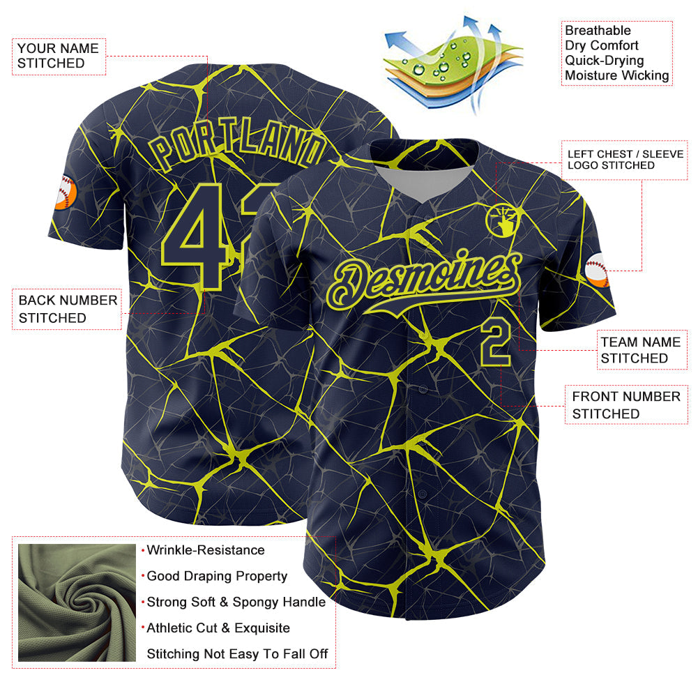 Custom Navy Neon Yellow 3D Pattern Design Abstract Network Authentic Baseball Jersey view 3