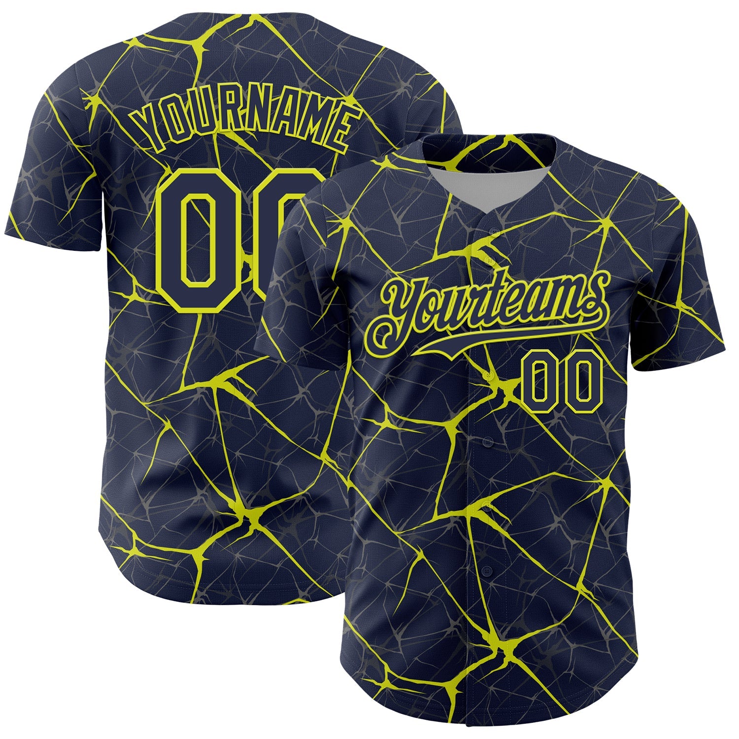 Custom Navy Neon Yellow 3D Pattern Design Abstract Network Authentic Baseball Jersey - Main View