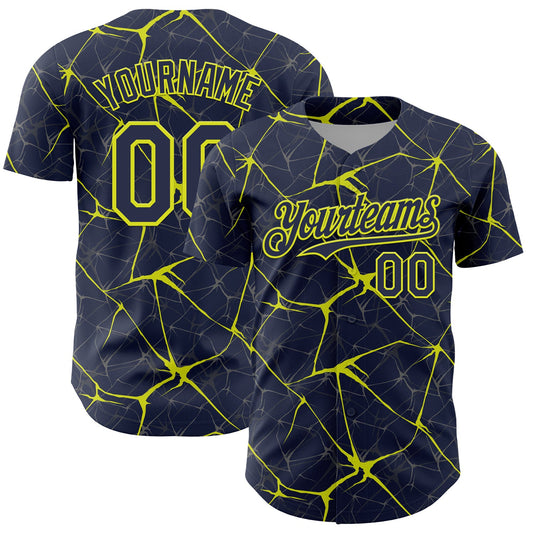 Custom Navy Neon Yellow 3D Pattern Design Abstract Network Authentic Baseball Jersey - Main View