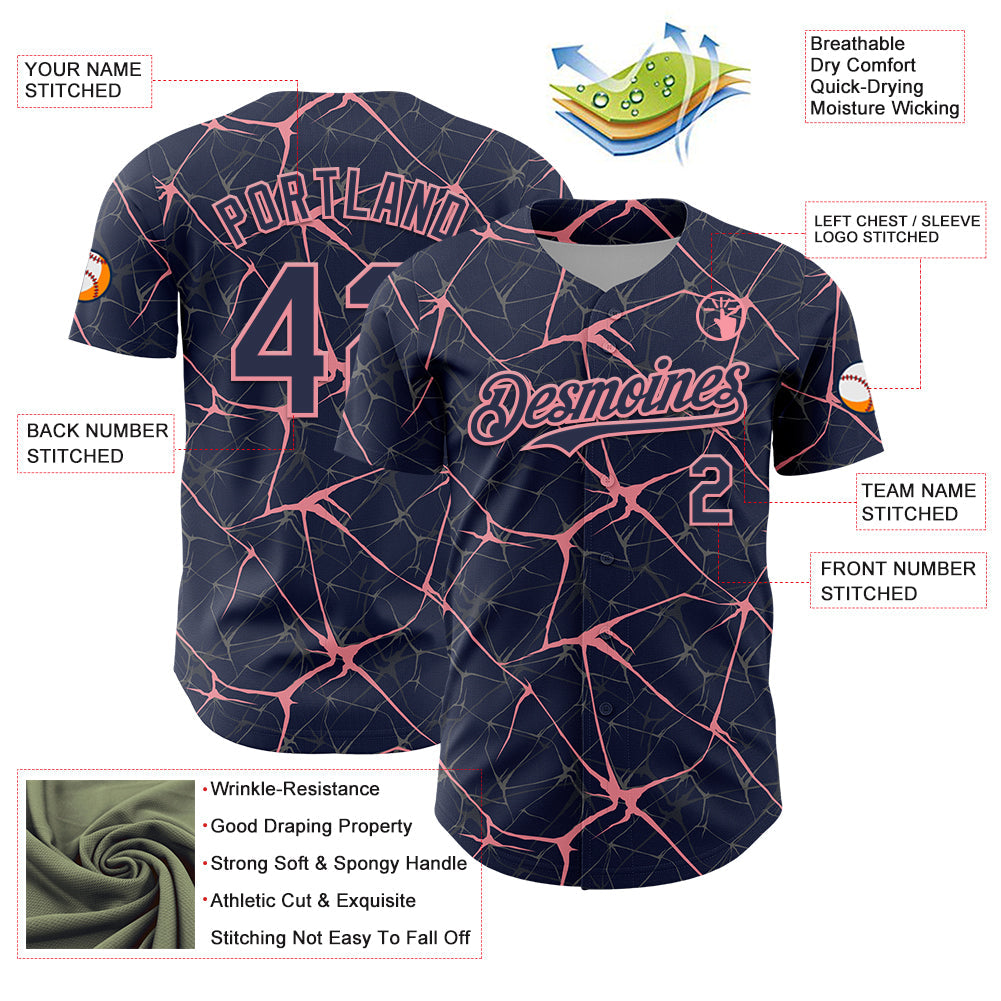 Custom Navy Medium Pink 3D Pattern Design Abstract Network Authentic Baseball Jersey view 3