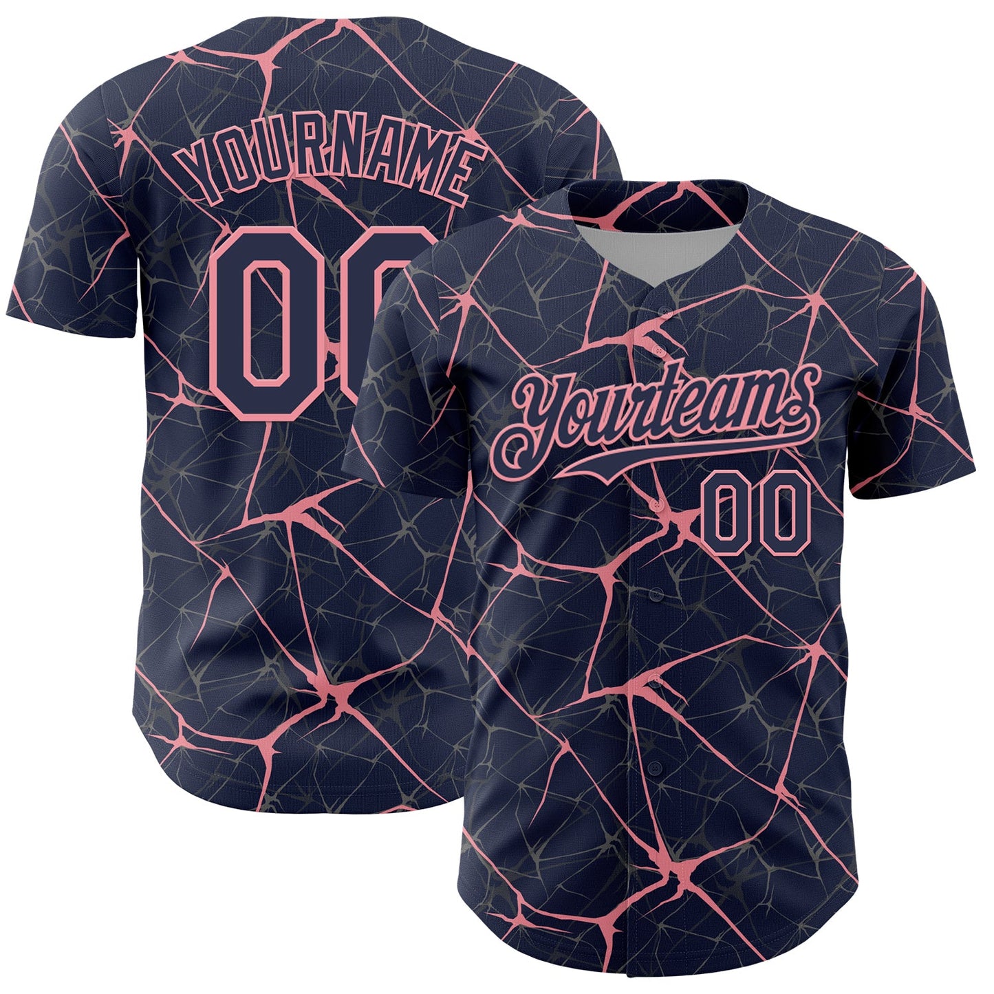 Custom Navy Medium Pink 3D Pattern Design Abstract Network Authentic Baseball Jersey - Main View