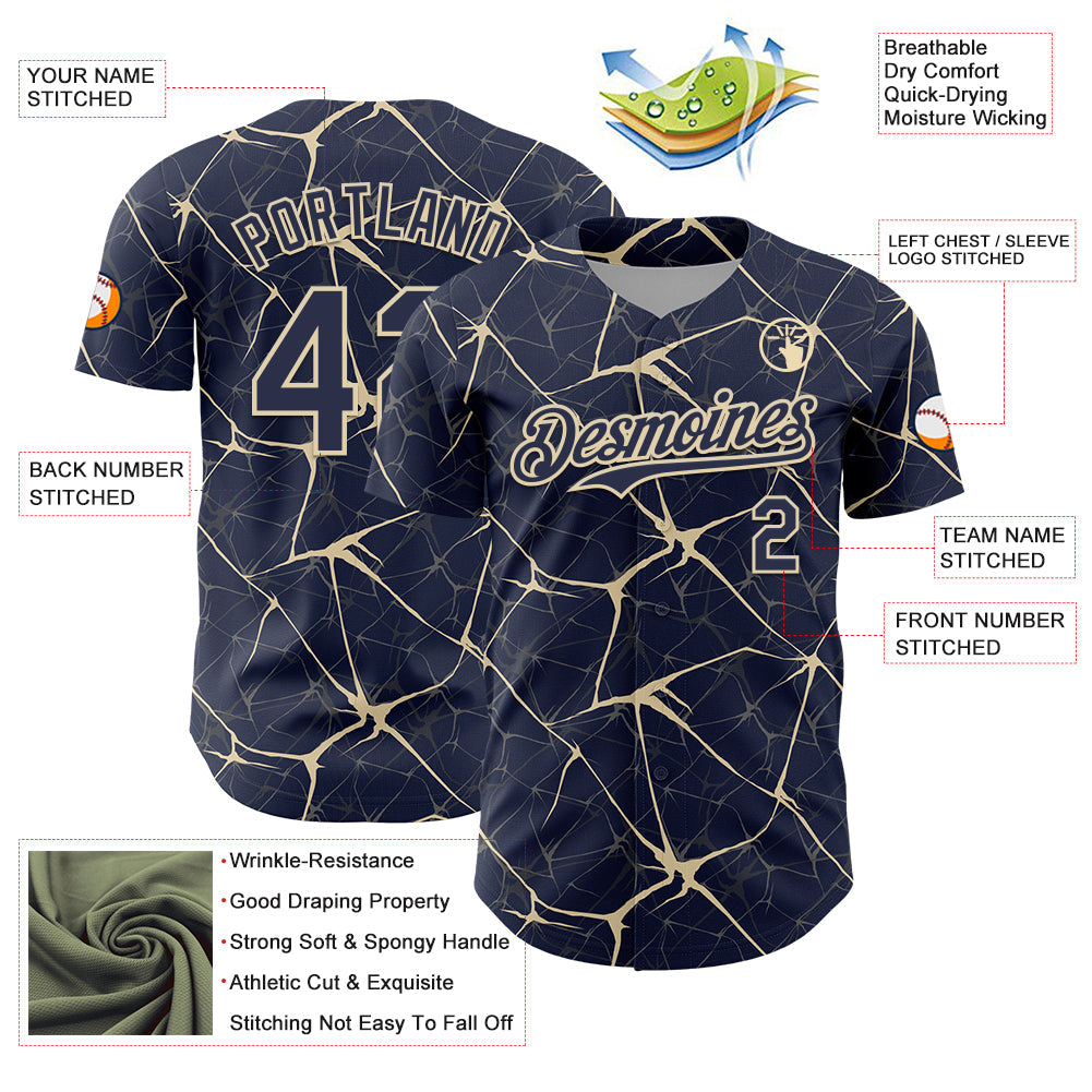 Custom Navy Cream 3D Pattern Design Abstract Network Authentic Baseball Jersey view 3