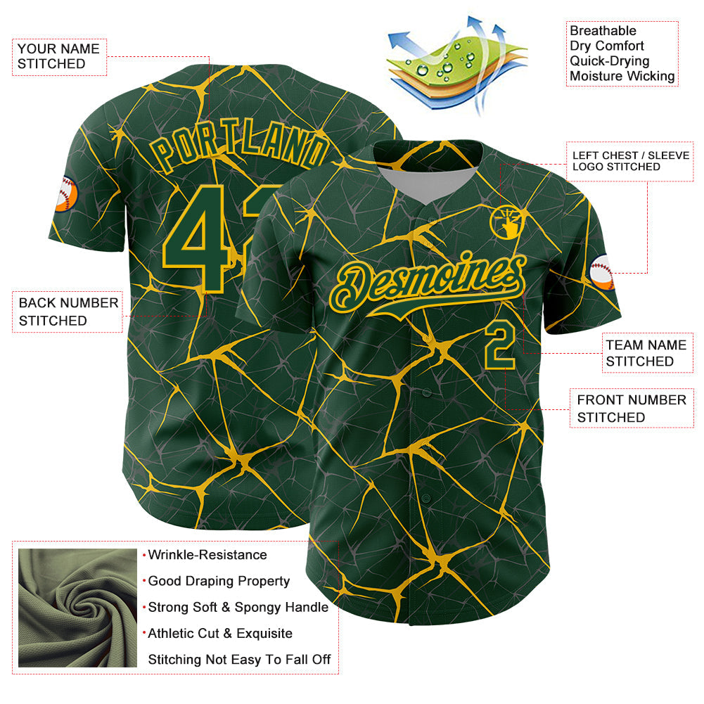 Custom Green Yellow 3D Pattern Design Abstract Network Authentic Baseball Jersey view 3