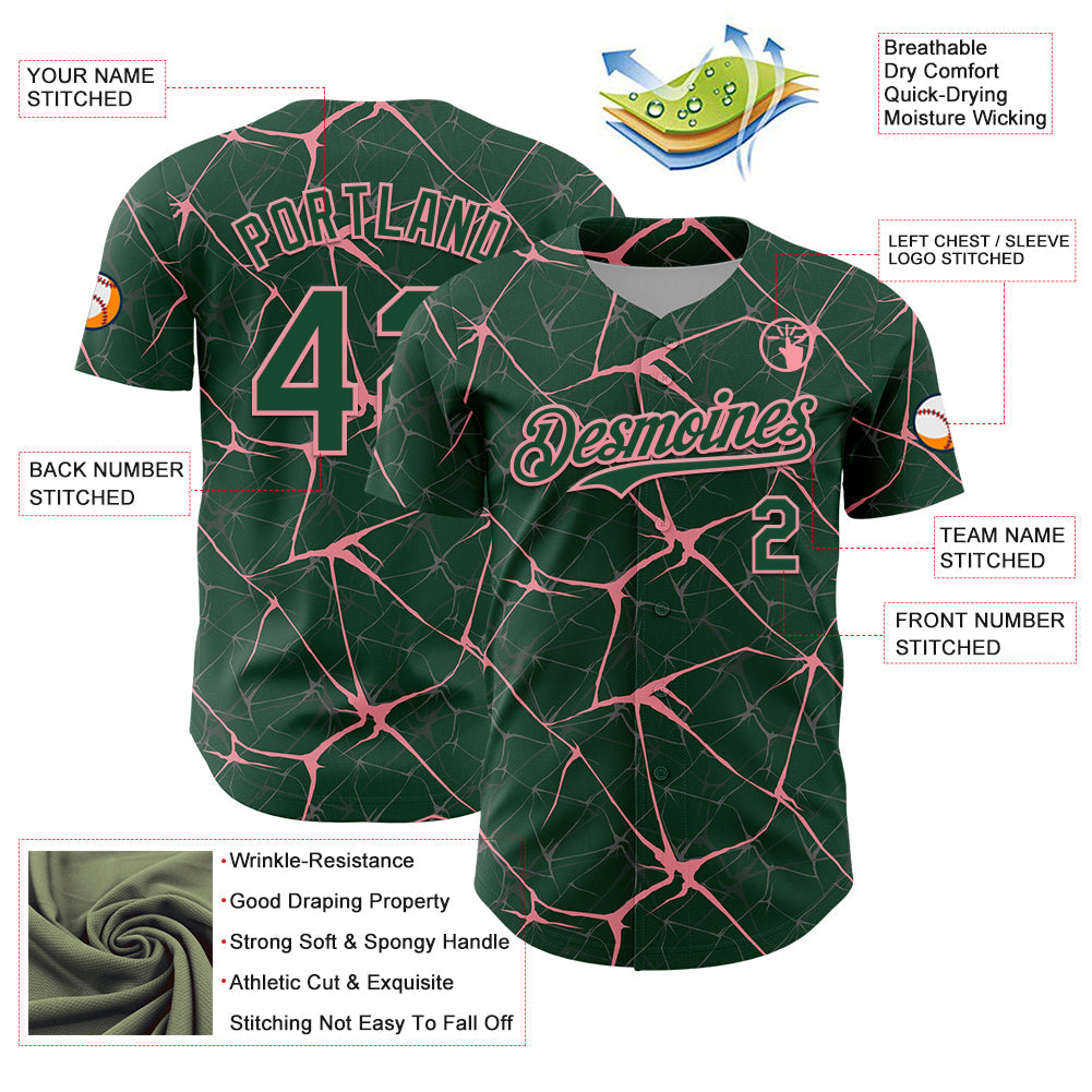Custom Green Medium Pink 3D Pattern Design Abstract Network Authentic Baseball Jersey view 3