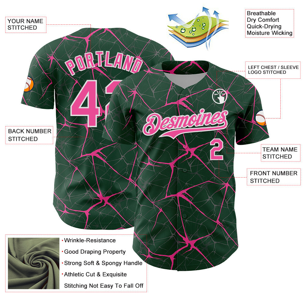 Custom Green Pink-White 3D Pattern Design Abstract Network Authentic Baseball Jersey view 3