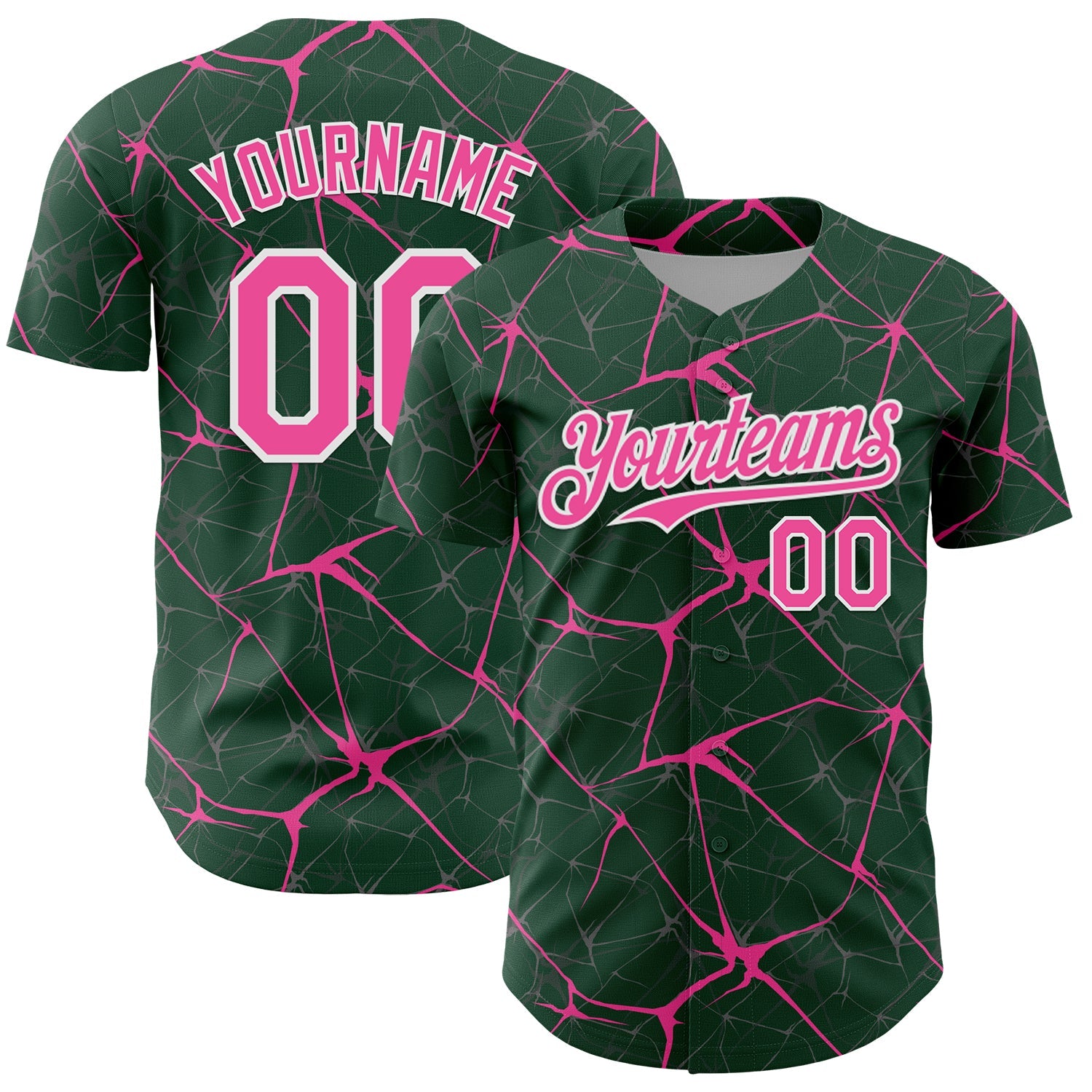 Custom Green Pink-White 3D Pattern Design Abstract Network Authentic Baseball Jersey - Main View