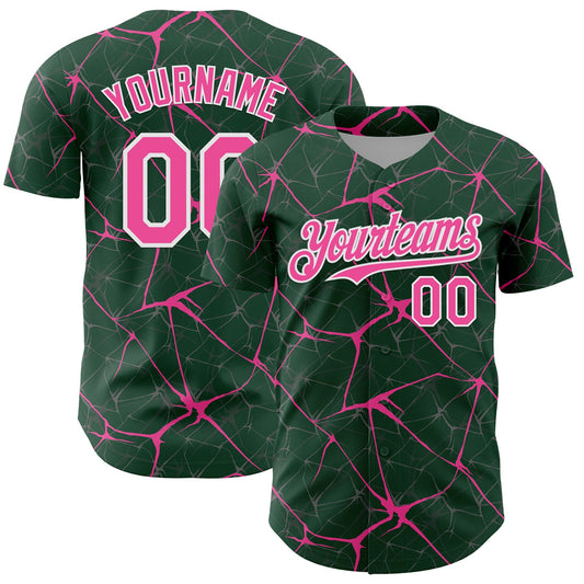 Custom Green Pink-White 3D Pattern Design Abstract Network Authentic Baseball Jersey - Main View