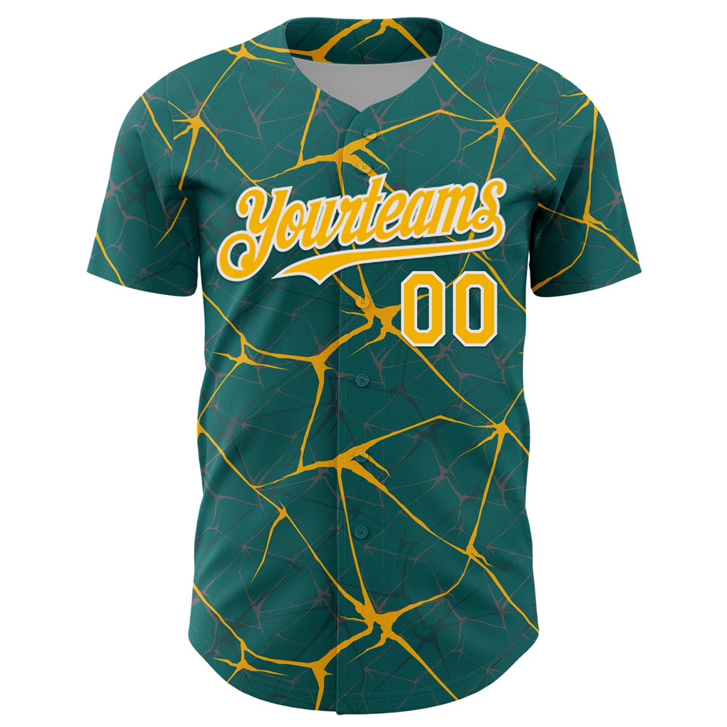 Custom Teal Gold-White 3D Pattern Design Abstract Network Authentic Baseball Jersey view 2