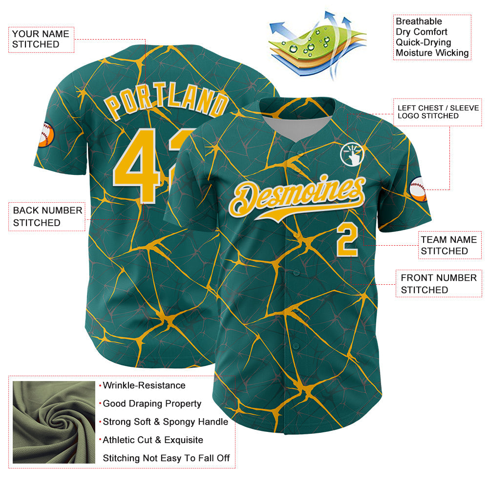 Custom Teal Gold-White 3D Pattern Design Abstract Network Authentic Baseball Jersey view 3