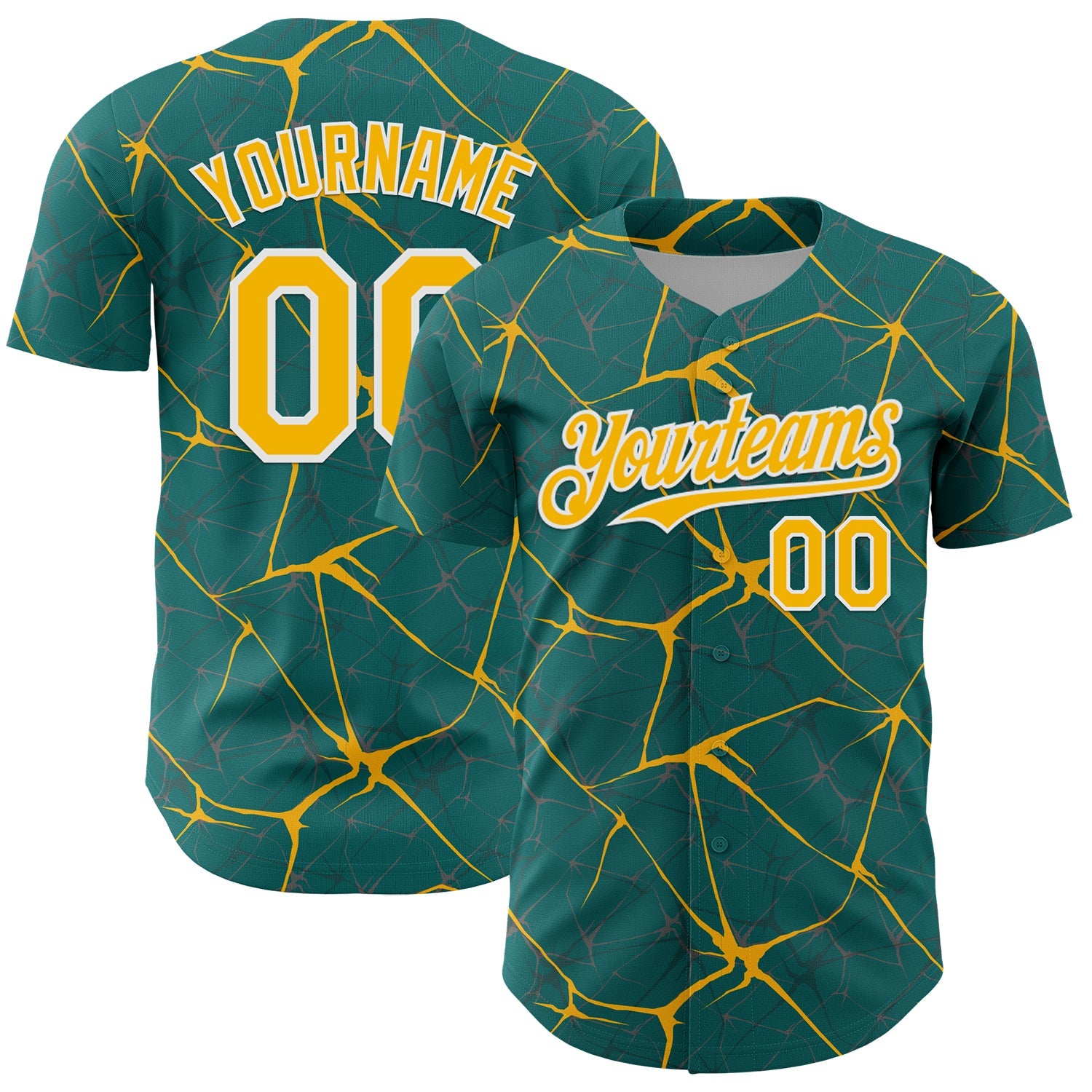 Custom Teal Gold-White 3D Pattern Design Abstract Network Authentic Baseball Jersey - Main View