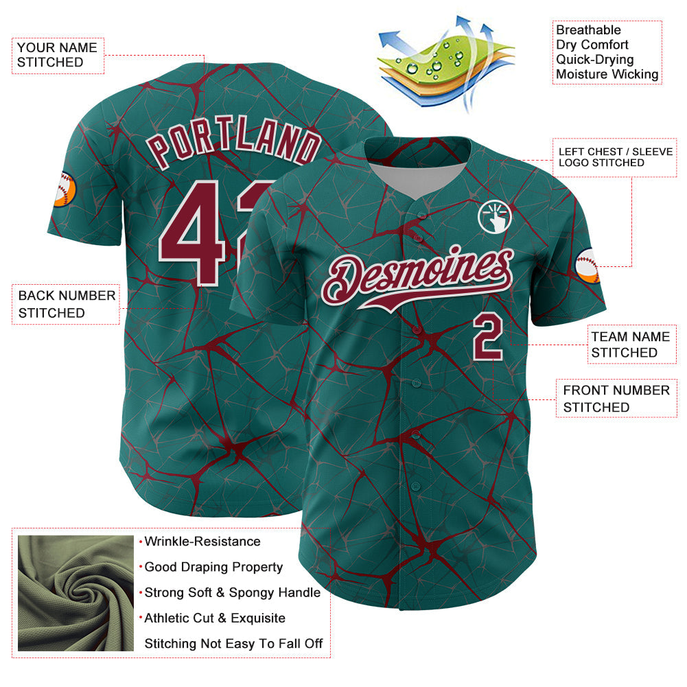 Custom Teal Crimson-White 3D Pattern Design Abstract Network Authentic Baseball Jersey view 3