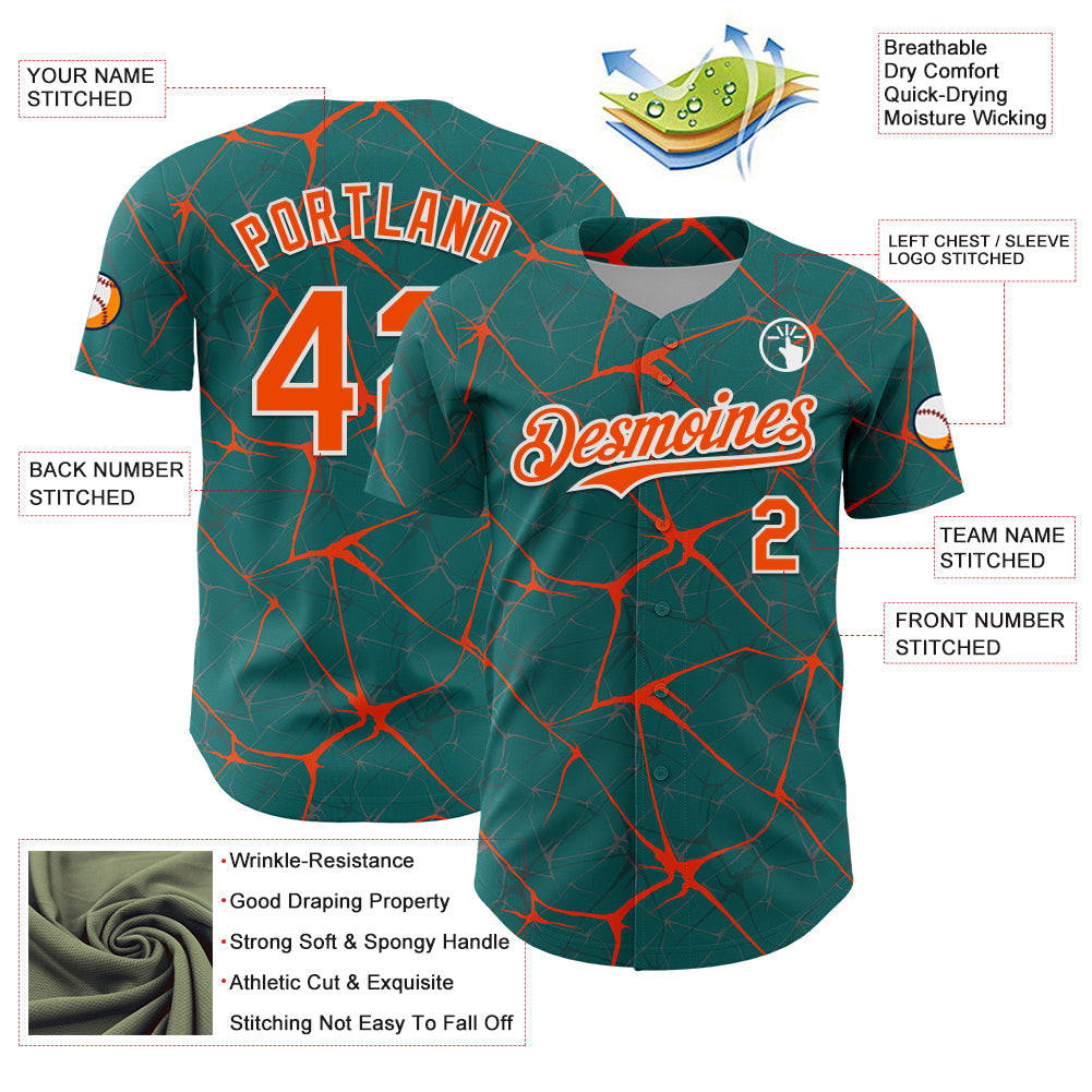 Custom Teal Orange-White 3D Pattern Design Abstract Network Authentic Baseball Jersey view 3