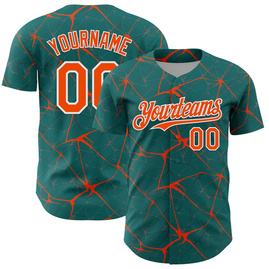 Custom Teal Orange-White 3D Pattern Design Abstract Network Authentic Baseball Jersey - Main View
