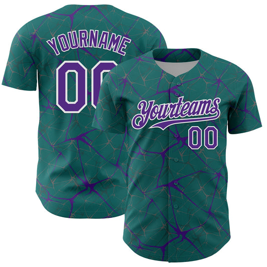 Custom Teal Purple-White 3D Pattern Design Abstract Network Authentic Baseball Jersey - Main View