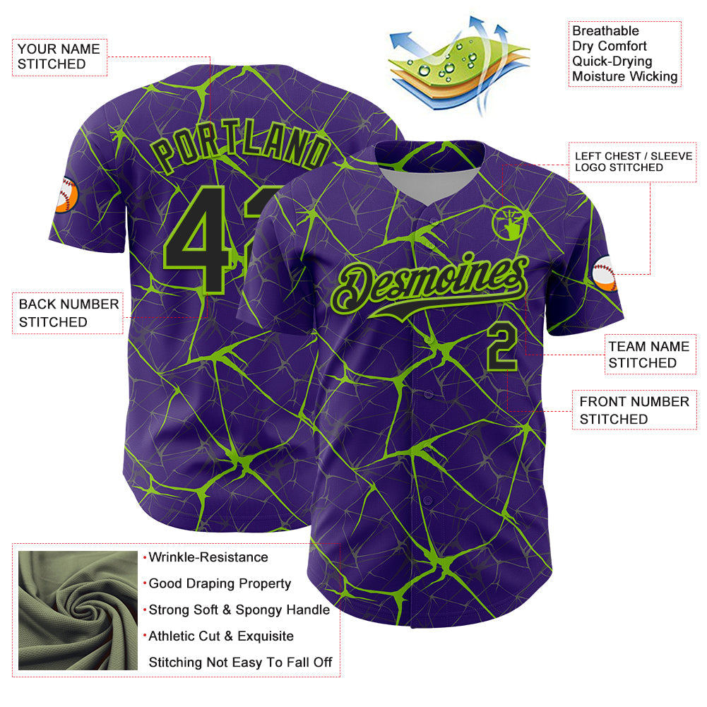 Custom Purple Black-Neon Green 3D Pattern Design Abstract Network Authentic Baseball Jersey view 3