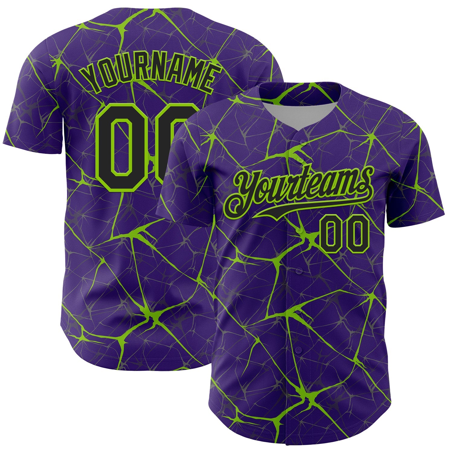 Custom Purple Black-Neon Green 3D Pattern Design Abstract Network Authentic Baseball Jersey - Main View