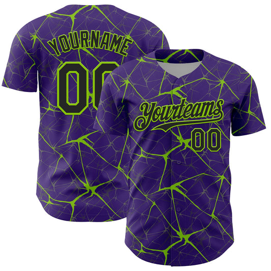 Custom Purple Black-Neon Green 3D Pattern Design Abstract Network Authentic Baseball Jersey - Main View