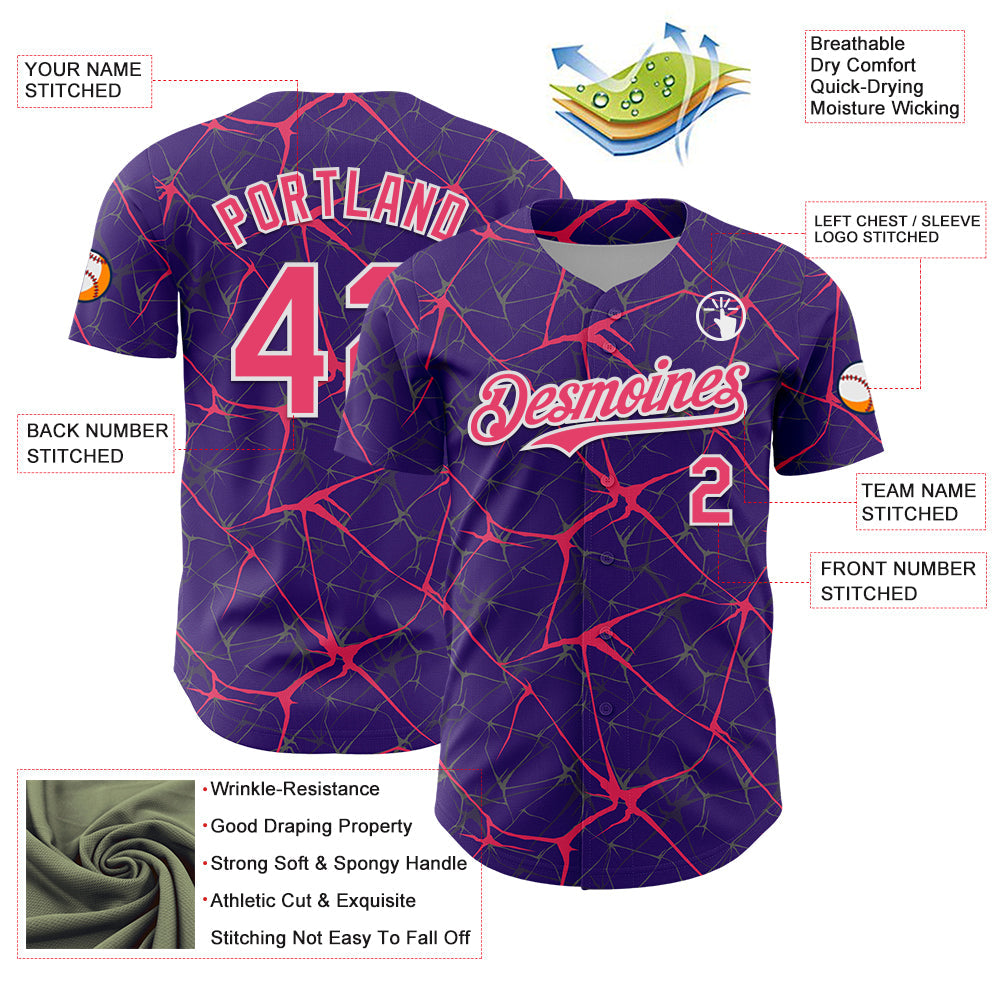 Custom Purple Neon Pink-White 3D Pattern Design Abstract Network Authentic Baseball Jersey view 3
