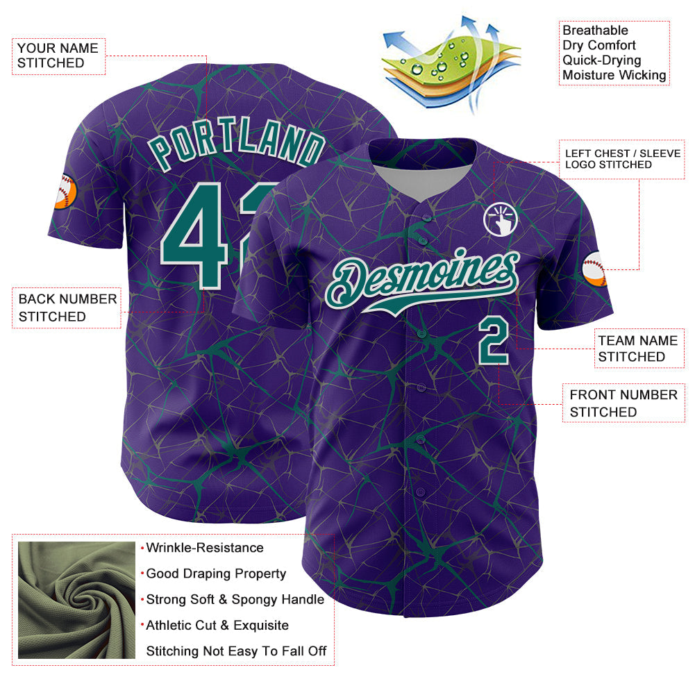 Custom Purple Teal-White 3D Pattern Design Abstract Network Authentic Baseball Jersey view 3