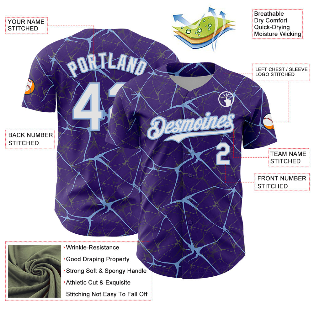 Custom Purple White-Light Blue 3D Pattern Design Abstract Network Authentic Baseball Jersey view 3