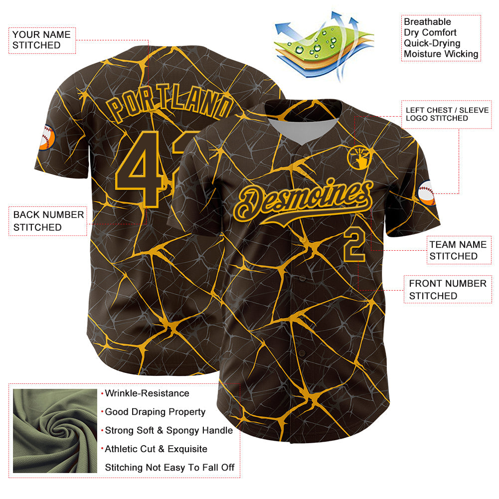 Custom Brown Gold 3D Pattern Design Abstract Network Authentic Baseball Jersey view 3