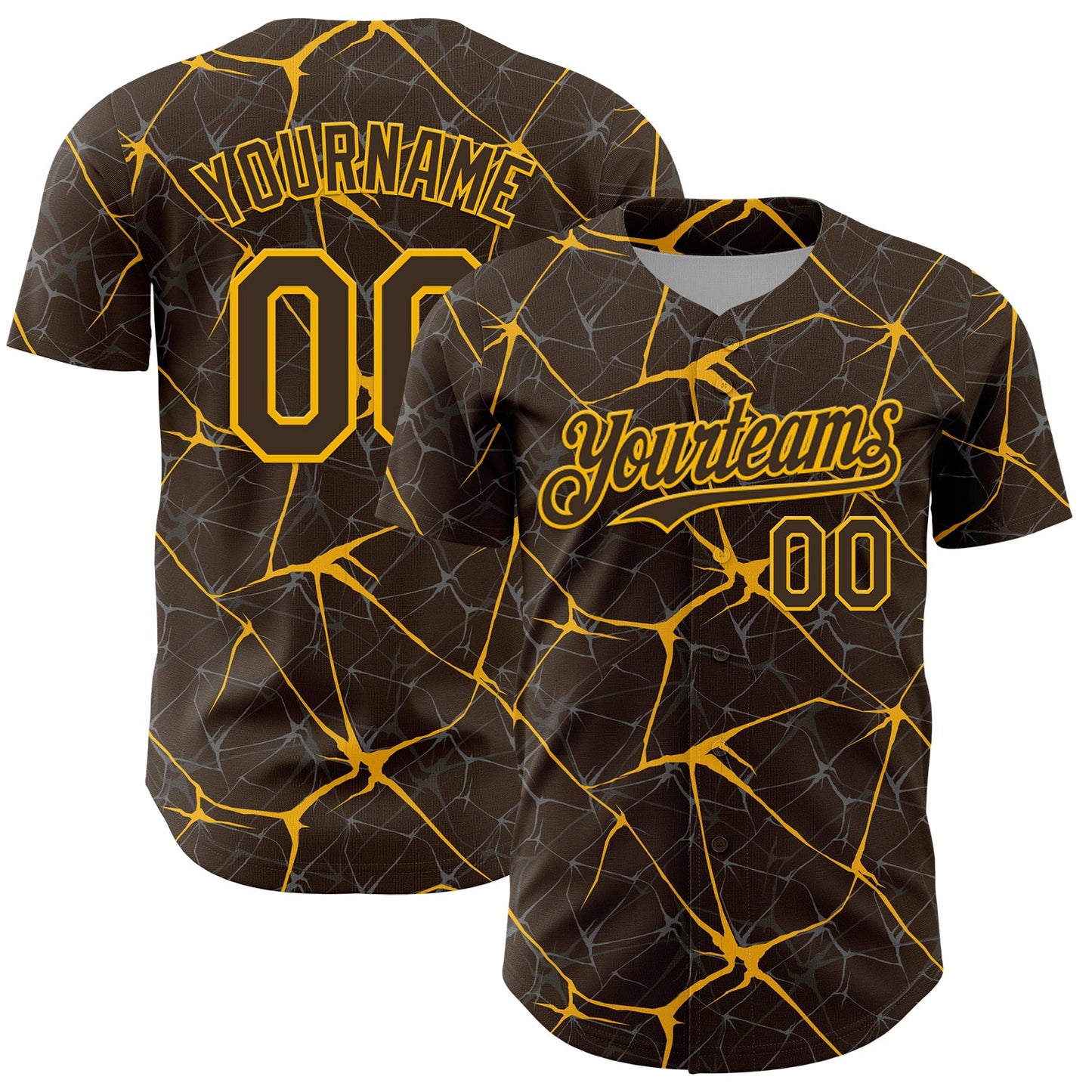 Custom Brown Gold 3D Pattern Design Abstract Network Authentic Baseball Jersey - Main View