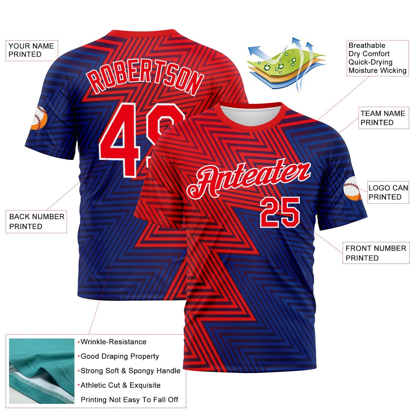 Custom Fire Red Blue-White Zigzag Lineal Performance T-Shirt view 2