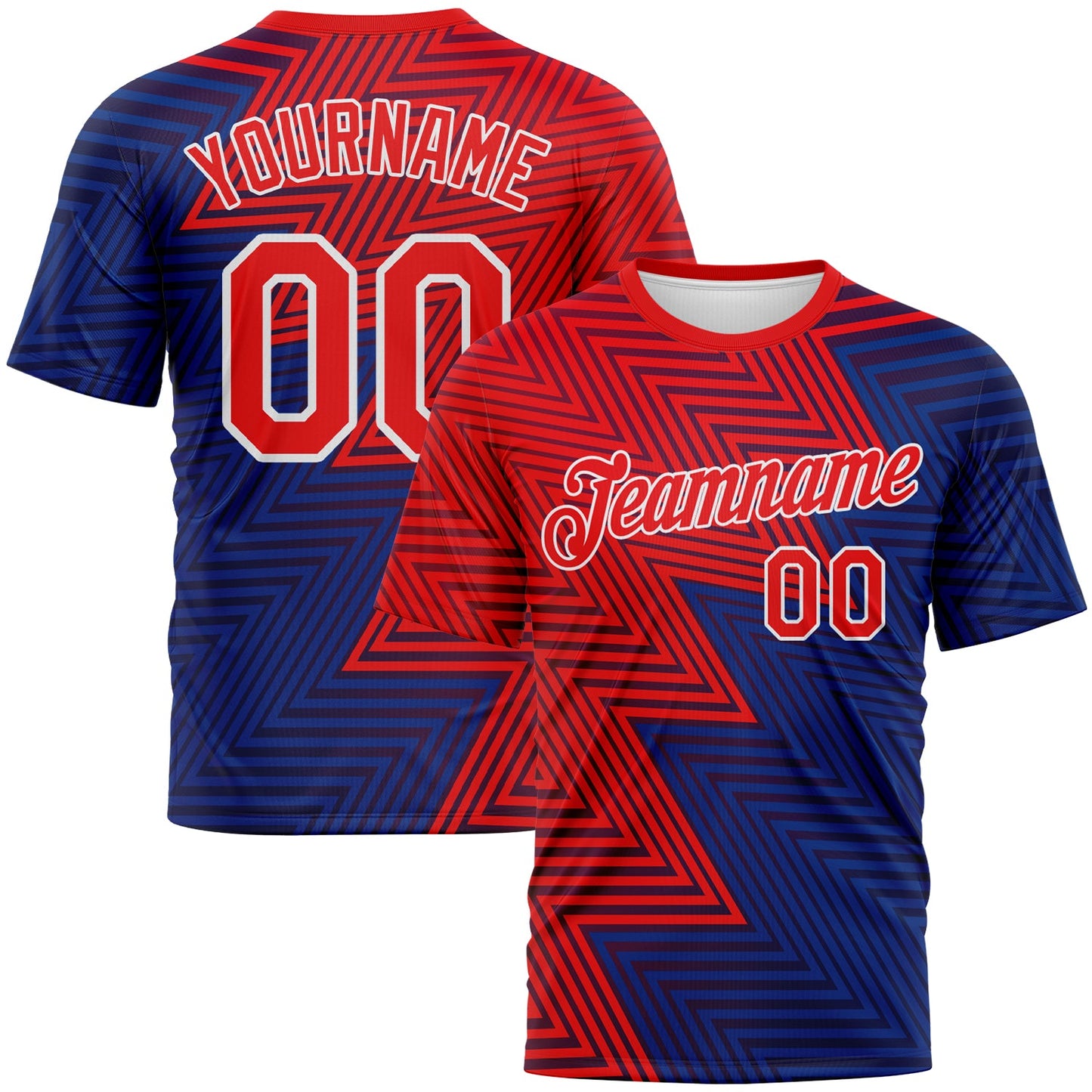 Custom Fire Red Blue-White Zigzag Lineal Performance T-Shirt - Main View