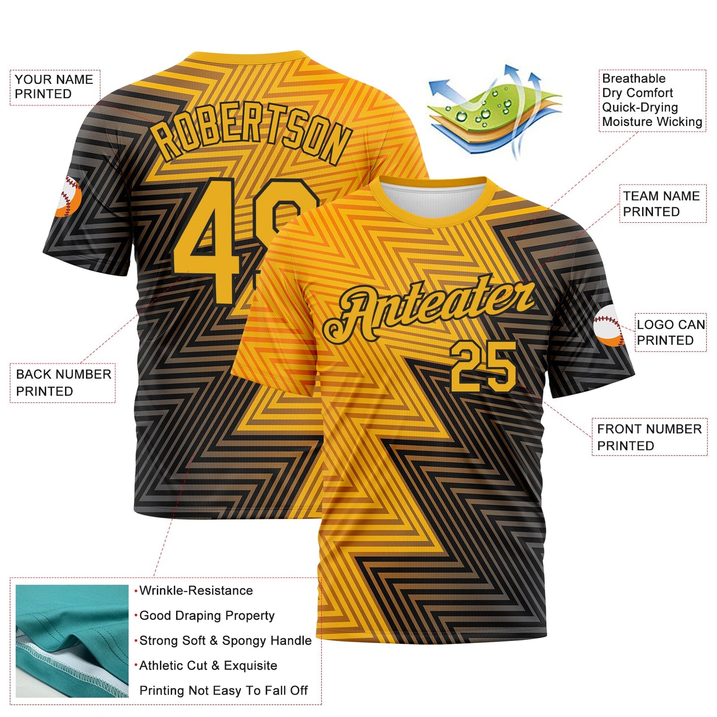 Custom Gold-Black Zigzag Lineal Performance T-Shirt view 2