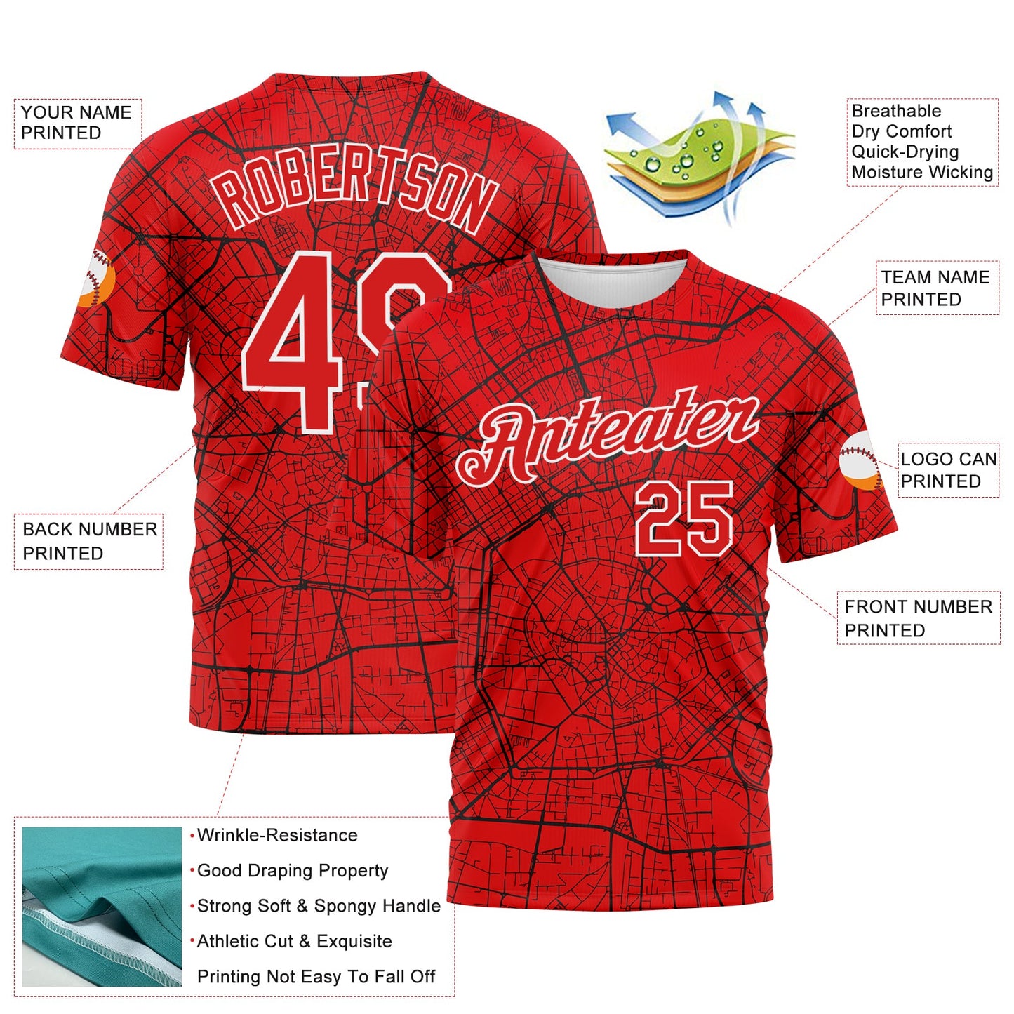Custom Fire Red-White City Street Map Urban Grid Performance T-Shirt view 2