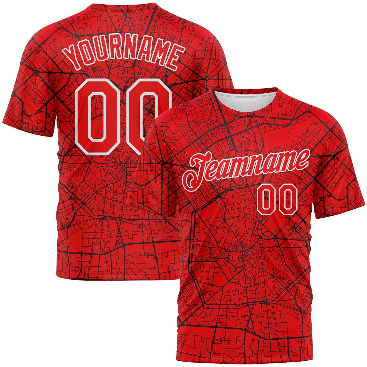 Custom Fire Red-White City Street Map Urban Grid Performance T-Shirt - Main View